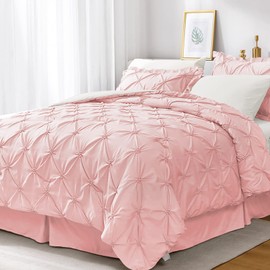 JOLLYVOGUE Pink/Ivory Cal King Size Comforter Sets 7 Pieces, Pintuck Bed in a Bag Comforter Set for Bedroom, Bedding Comforter Sets with Comforter, Sheets,Ruffled Shams & Pillowcases