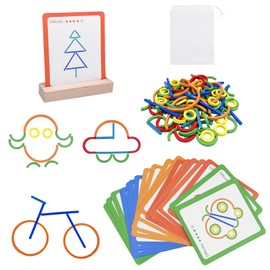 Comzantor Montessori Toy from 3 Years, 120 Pieces Puzzle Sticks and Rings with 20 Cards, Wooden Puzzle Children, Shape Colour Recognition Educational Games, Plug-in Puzzle Educational Toy, for Boys