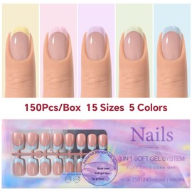 KAZIPOP 150Pcs Press On Nails Kit 17 Styles Tips 5 Nude Skin Tone Colors 15 Sizes Glue-On Fake Nails Reusable Acrylic Nail Extensions for Women Manicure (7#, 5 Colors French Nail)