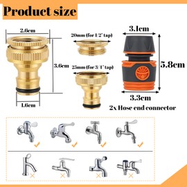 Garden Hose Tap Connector Fitting Set 3/4 inch & 1/2 inch 2-in-1 Outside Tap Connector Brass for Hosepipe,2 Pcs Hose End Quick Connector Outdoor Tap Faucet Adapter Attachments for Garden Hosepipe