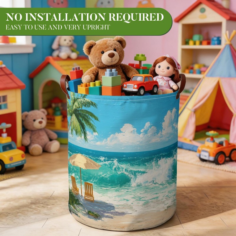 Beach Scenes Laundry Hamper, Oxford Cloth Boys Room Basket, 15.75x19.7in