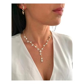 ONDEGO® Gold Strass Schmuckset, Y-Kette mit Ohrringen und Armband, 43 cm Halskette, Brautschmuck für Hochzeit und Festliche Anlässe