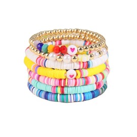 Rainbow Heart Beaded Polymer Clay Pearl Bracelet for Women Clay Heishi Beaded Stretch Bracelets Surfer Polymer Vinyl Disc Clay Stackable Friendship Bracelets Summer Beach Jewelry Gifts-B