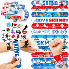 48PCS Skiing Party Set - 24PCS Temporary Tattoos & 24PCS Slap Bracelets - Fun Winter Sports-Themed Birthday Supplies, Baby Shower Gifts, Classroom Rewards & Party Decor for Kids (Boys & Girls)