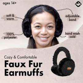 Funky Junque Women's Sherpa Ear Muffs, Warm Faux Fur Adjustable Winter Ear Warmer Headband, Black