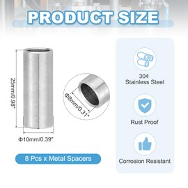 PATIKIL 8 Pcs Stainless Steel Spacers, 8mm ID x 10mm OD x 25mm Height 304 Stainless Steel Bushing Screw Standoff Unthreaded Round Spacer for 5/16"M8 Screws Bolts Nuts