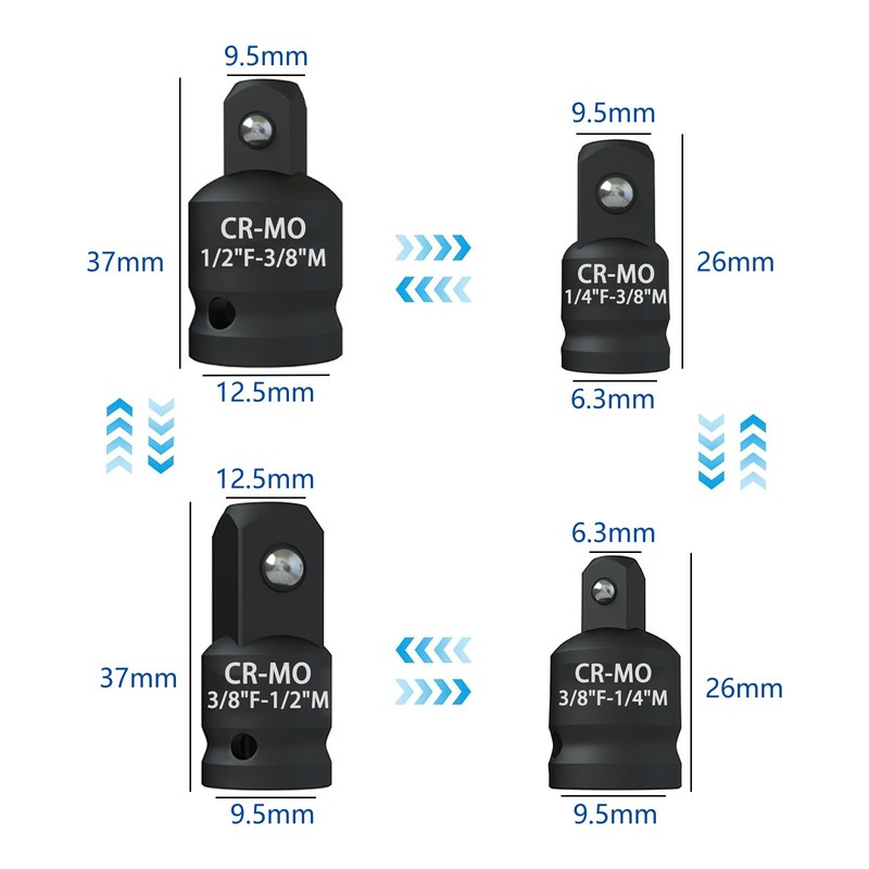 Adapter Set - 4 Socket Spanner Adapters 1/4", 3/8", 1/2"