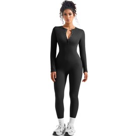 SUUKSESS Women Long Sleeve Ribbed Workout Jumpsuit Seamless One Piece V Neck Button Down Yoga Jumpsuits (Black,L)
