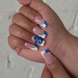 Long Square Press on Nails White French Tip Fake Nails Glossy Spring Flower Stick on Nails with designs 3d Blue Floral Glue on Nails Reusable Acrylic Nails False Nails for Women Summer 24pcs