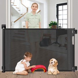 No Drill Retractable Baby Gates for Doorways 59" Wide, Punch Free Baby Gate for Stairs 33" Tall, Retractable Dog Gate for The House No Drilling Mesh Pet Gate Indoor, Black