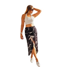 MARCEL & MAE Women's High-Waisted Ruched Wrap Skirt – Elegant Knot Design with Front Slit – Perfect for Parties & Casual Outings (US, Alpha, Small, Regular, Regular, Black Wavy Printed)