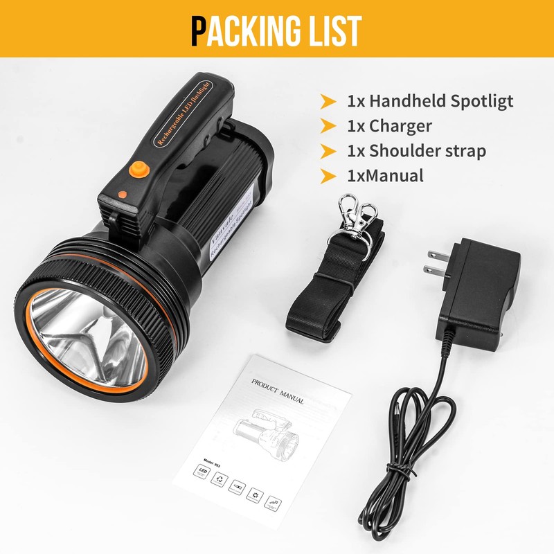 Vanvale Rechargeable Searchlight Handheld LED Tactical Flashlight with Handle Spotlight