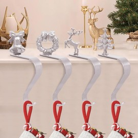 Christmas Stocking Holders Silver Christmas Stocking Clips, 4 Styles Christmas Stocking Hangers Christmas Fireplace Metal Hook No-Punch Kitchen Hooks For Christmas Holiday New Year Winter Home Decor