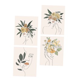 SEWACC 4pcs Abstract Line Flower Woman Wall Art Set Unframed Decorative Paintings for Home Decor High Definition Canvas Prints for Living Room Bedroom Office