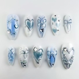 24Pcs Blue Bow Press on Nails Medium Almond Fake Nails with Silver Heart Rhinestones Design Glitter False Nails Blue Gradient Full Cover Artificial Glue on Nails Handmade Stick on Nails for Women