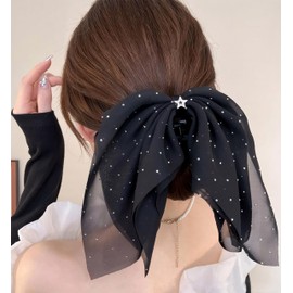 Rannyrena Large Chiffon Silk Hair Bow for Women Mesh Big Bows Hair Clips with Pearls Crystal Tulle Hair Barrettes Long Tail Bowknot Hair Accessories (Star Black)