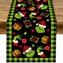 Pudodo Christmas Table Runner Merry Christmas Buffalo Plaid Check Winter Holiday Party Decoration Fireplace Kitchen Dining Home Decor (Black and Green, 13" x 72")