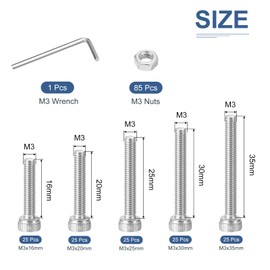DTGN 211Pcs Metric Screw Assortment, M3 Bolts and Nuts Kit, 304 Stainless Steel M3x16/20/25/30/35mm Hex Socket Head Cap Screws Bolt Set With Wrench