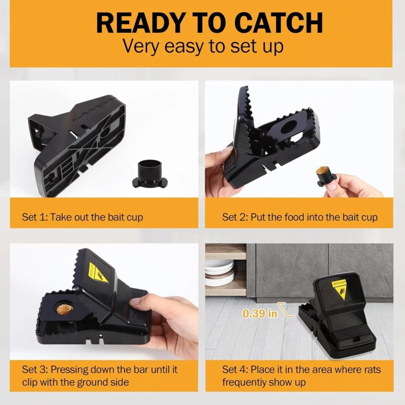 Black Instant Kill Rat Traps - 6 Pack, Quick Setup,
