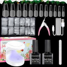LOVICVKEM Nail Tips and Glue Gel Kit, Kleber Gel Nail Kit, 600 PCS Fake Nails Tips Coffin, 12 Größen Fake Nails Transparent, Mini Nagellampe und 2 in 1 Nagelkleber, Nagelfeile, Nagelknipser