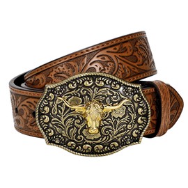 Western Belt Cowboy Belts for Men Women, Western Leather Belts Bull Buckle Belt Embossed Leather Belt for Jeans JASGOOD(Brown)