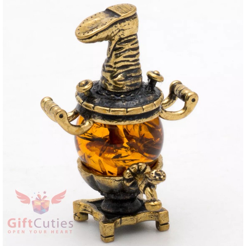 Solid Brass Amber Figurine of Russian Samovar Teapot Totem talisman