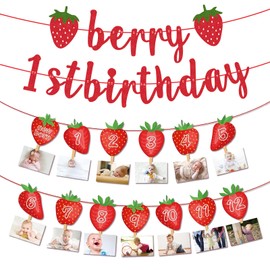 Strawberry 1st Birthday Decorations,Berry First Birthday Decor,Berry 1st Monthly Photo Banner,Berry First Birthday Banner for Girls Strawberry Sweet One Birthday Party Supplies,12 Months Photo Display