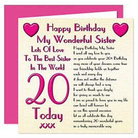 Sister 20th Happy Birthday Card - Lots Of Love To The Best Sister In The World - 20 Today