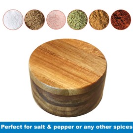 HillSpring Multipurpose Spice Box, Acacia Wood Salt and Pepper Shakers with Magnetic Twist Lid and Mini Spoons, 2 Compartment Container, Kitchen Decor, 4.75 Inch