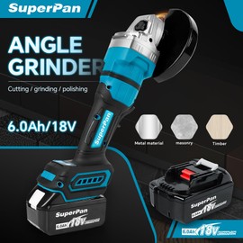 SuperPan Cordless Angle Grinder with 4.0 AH Batteries, 11000 RPM Brushless Motor, Power Angle Grinder Tool with 3 Variable Speeds Metal Grinder, Flap Discs for Wood Metal Rust Removal