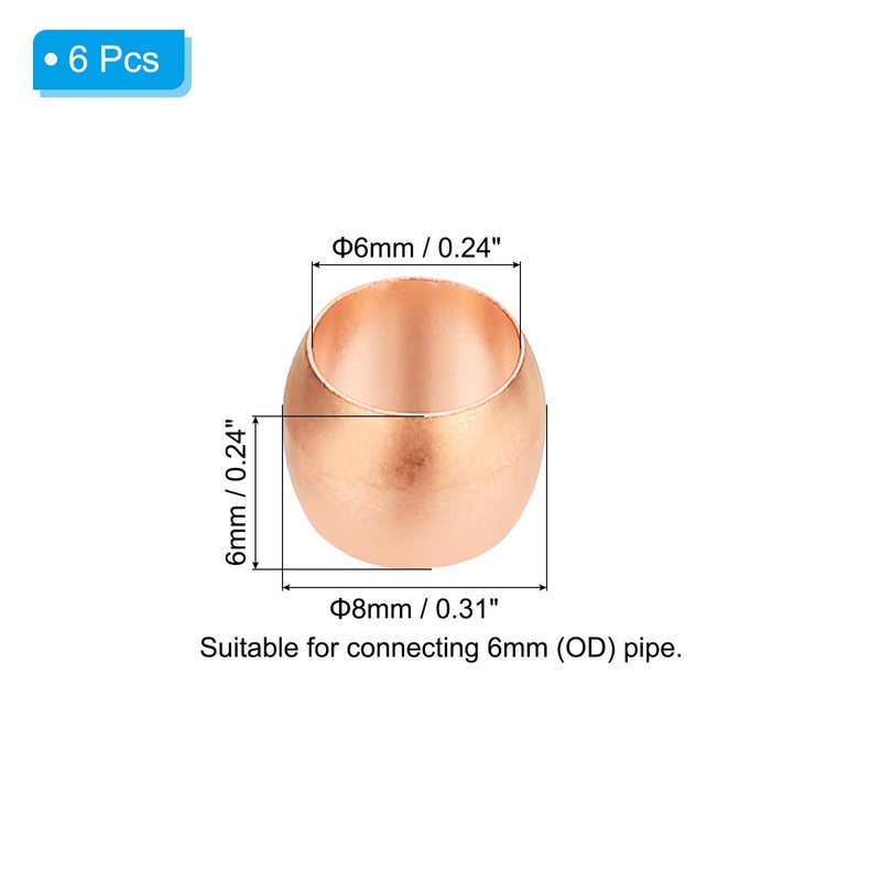 PATIKIL 6mm Tube OD Compression Sleeves Ferrules, 6pcs Copper Ferrule