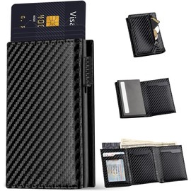 DQST Cartera para Caballero, Tarjetero Hombre de Cuero, RFID Bloqueo Antirrobo, Ideal como Regalo para Hombre (Fibra de Carbono Negro)