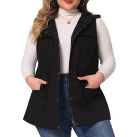 Agnes Orinda Plus Size Anorak Utility Vest for Women Drawstring Lightweight Sleeveless Cargo Hooded Jackets 2X Black