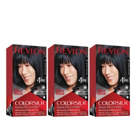 Revlon Colorsilk Beautiful Color Permanent Hair Color with 3D Gel Technology & Keratin, 100% Gray Coverage Hair Dye, 12 Natural Blue Black, 4.4 oz (Pack of 3)