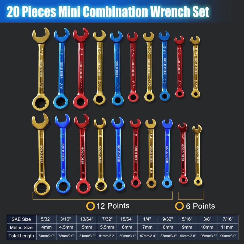 GOLD DEER 20 Pcs Color Plated Small Wrench Set Standard