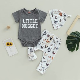 Twopumpkin Infant Baby Boy Farm Letter Romper and Long Pants Newborn Coming Home Outfit Cute Clothes Sets with Hat (Little Nugget Chicken Gray, 3-6 Months)