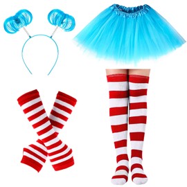 Hicarer 4 Costume Set for Women Include Red Blue Tulle Tutu Skirt Striped Socks Stretchy Gloves Ponytails Headband(Lake Blue, L)