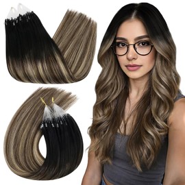 Ugeat Real Hair Extensions, Micro-Ring, Micro Loop Hair Extensions, Invisible, 1B/4/27 Black to Dark Brown and Caramel Blonde, 60 cm, 50 g, 50 Strands