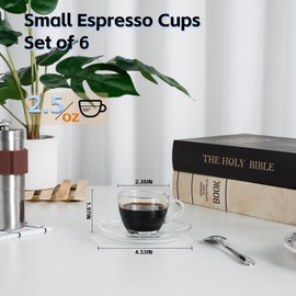 GURUDAR Glass Espresso Shot Cups with Saucers Set of 6, Clear Small Demitasse Cup with Stainless Steel Spoons, Dishwasher & Microwave Safe Tiny Coffee Mugs Only for Espresso, 2.5OZ/75ML