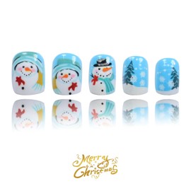 Christmas Press on Nails Short Square Fake Nails Blue White False Nails with Glossy Designs Cute Snowman Sir & Lady Winter Glue on Nails Stick on Nails Xmas Acrylic Nails for Women Girls 24 Pcs