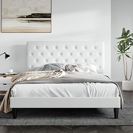 SHA CERLIN Full Size Platform Bed Frame with Button Tufted Headboard, Faux Leather Upholstered Mattress Foundation, Wooden Slat Support, No Box Spring Needed, White