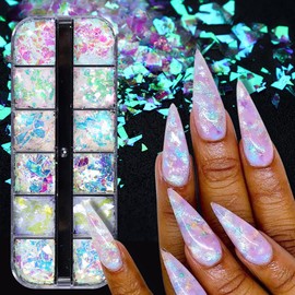 SONGJIE Holographic Mermaid Nail Art Glitter Sequins Powder Irregular Pieces Cellophane Fluorescent Cellophane Iridescent Pieces Glitter Ladies Girls Nail Art Tips DIY Decorative Accessories