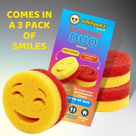 The Original Scrub Moji Scrubbing Sponge by Smilyeez (Set of 3) - Dual-Sided, Multipurpose, Scratch-Free, Stain and Odor Resistant Sponge for Kitchen, Dishes, and General Cleaning.