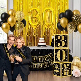 30th Birthday Decorations for Men Women, 50pcs Black and Gold Party Decorations with 30 Year Old Balloons Boxes, Happy Birthday Black Gold Banner and Sash, Fringe Curtains Party Decor