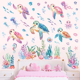 decalmile Sea Turtles Ocean Wall Decals Under The Sea Coral Seaweed Jellyfish Wall Stickers Baby Nursery Kids Bedroom Bathroom Daycare Wall Decor