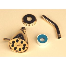 8 Jet Gold Giessdorf Shower Head with 6 inch Shower Arm, Flange and Roll of Thread Sealing Tape