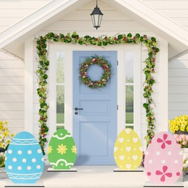 party greeting 4PCS Large Easter Yard Decorations Outdoor Easter Egg Porch Signs Wooden Standing Colorful Egg Outside Welcome Decor for Front Door Lawn Garden Party Decorations Spring Supplies