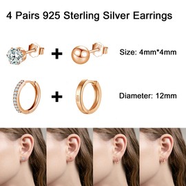 wynn's Sterling Silver Stud Earrings for Women, Rose Gold Stud Earrings & Hoop Earrings Set, 4 Pairs Small Cartilage Sleepers Studs Hoops Earrings Set, 4mm Studs & 12mm Hoops, Rose Gold Earrings