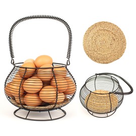 SEMPOMA Egg Collecting Basket with Extended Handle, Egg Basket for Gathering Fresh Eggs, Farmhouse Chicken Egg Basket for egg holder countertop (Large Size, D8.3IN)