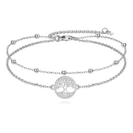 SHEAISRS Tree of Life Anklet for Women 925 Sterling Silver Double Layer Ankle Bracelet with Family Tree Charm